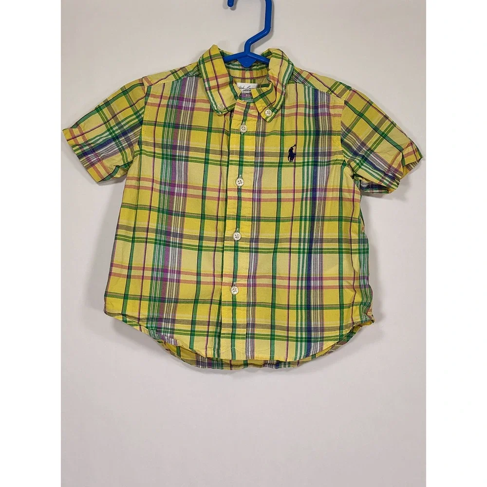 Ralph Lauren Kids Yellow‎ Plaid Short Sleeve Button Down Shirt 12M Cotton Pony